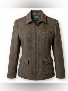 Ralph Lauren Brown Herringbone Wool Zip Jacket Size 10 Classic Blazer